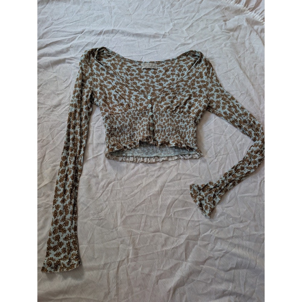 Urban Outfitters Blue Brown Floral Smocked Button Front Crop Top Small